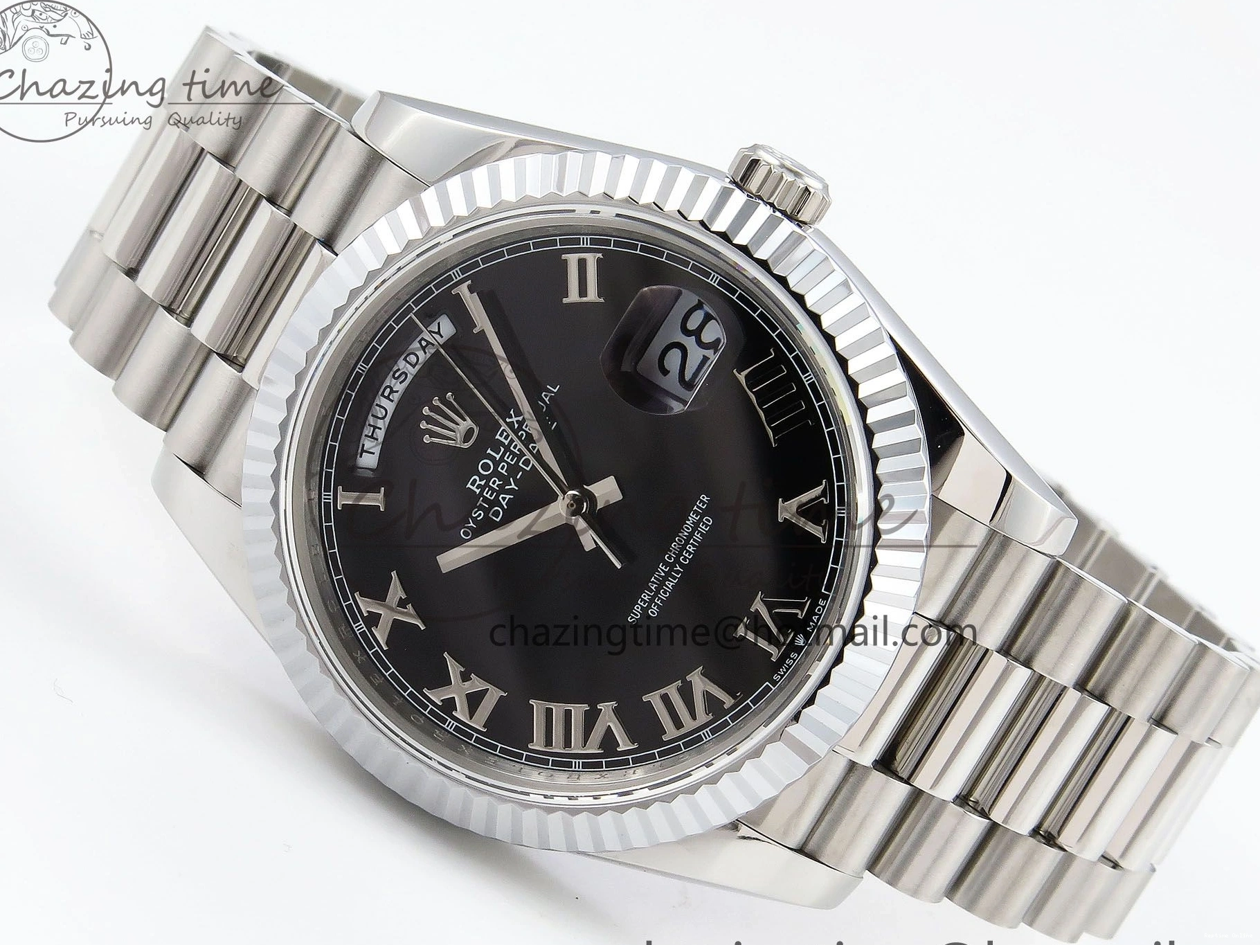 0213 Classic DayDate 40 SS JDF 904L Steel Black Roman Dial on President Bracelet VR3255 V3 (Gain Weight) 1434